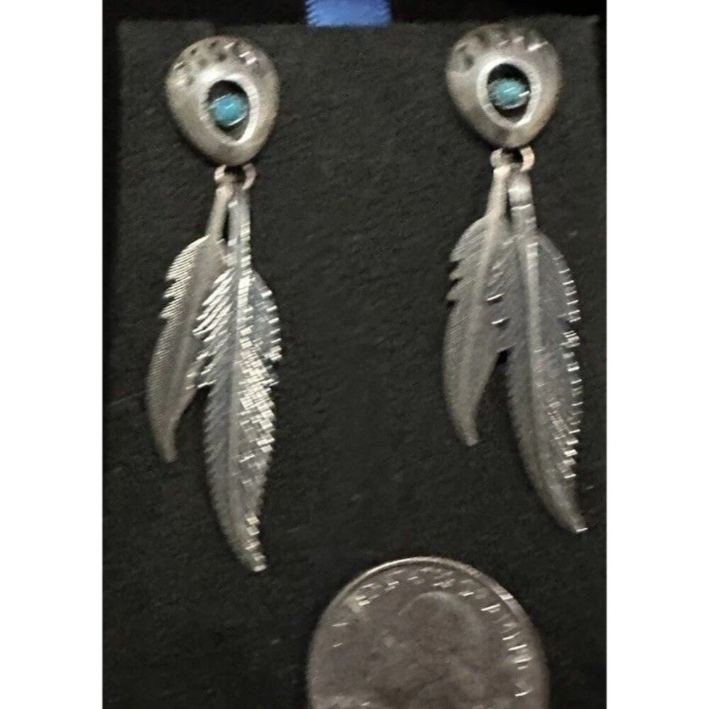 Bear Claw Feathers Native American Sterling Silver Turquoise Cabochon Earrings